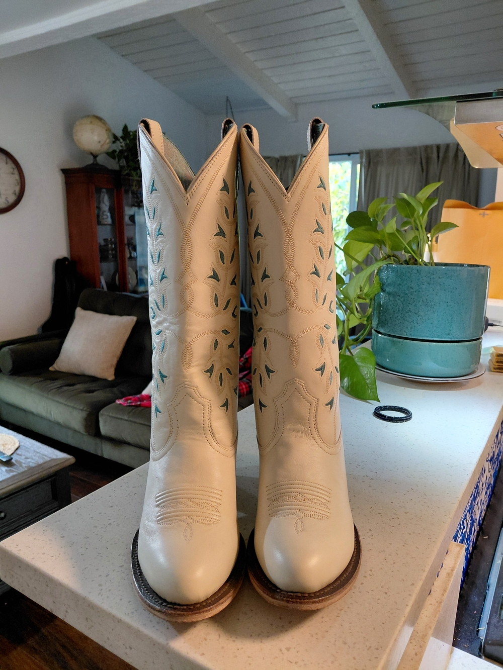 Ariat Cream Lace-Up Western Boots with Teal Embroidery